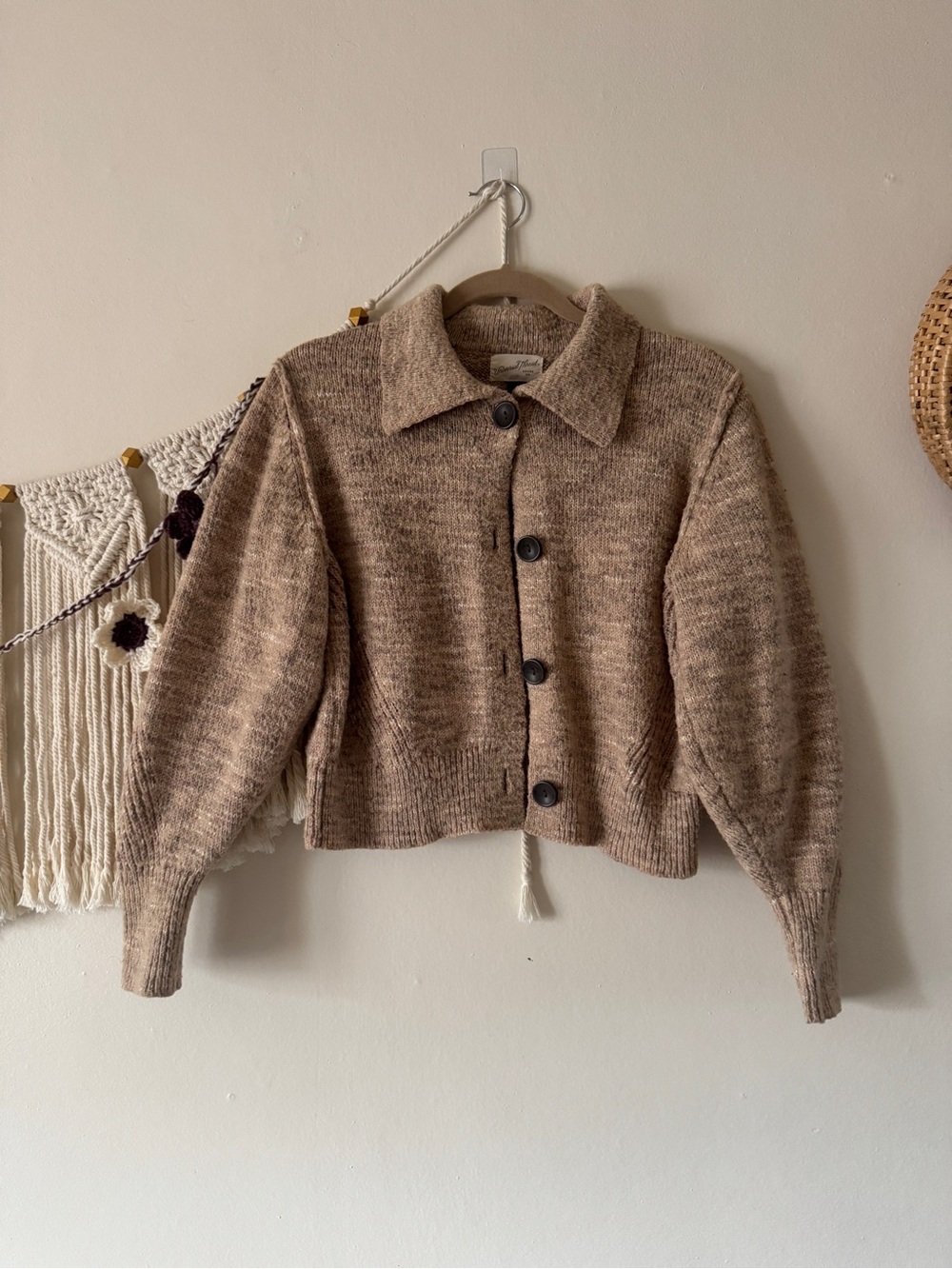 Knit Button-Up Teddy Jacket in Tan Heather